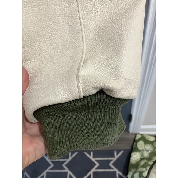 Al Wissam Men's Cream/Green Wool Leather Logo Bomber Jacket Size 6XL - Picture 5 of 13